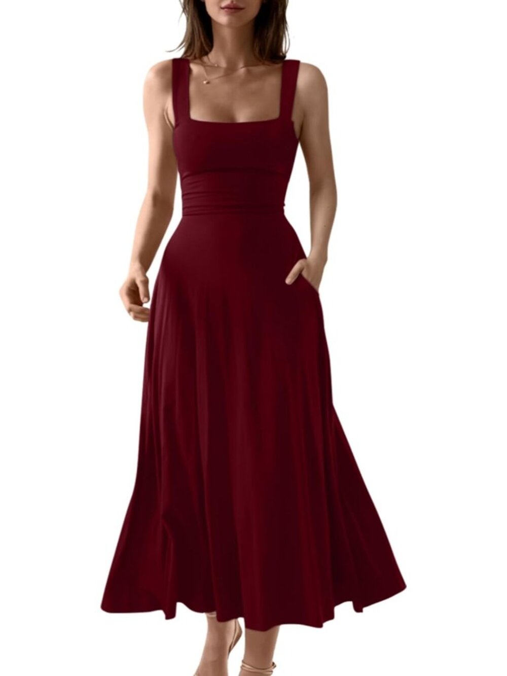 〽️Women's Red Square Neck Side Pocket Sleeveless Wedding Guest PartyMaxi Dress